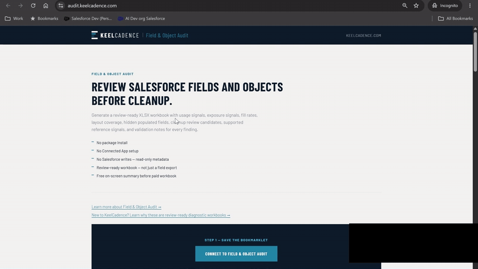 Animation showing the KeelCadence bookmarklet being dragged to the browser bookmarks bar.
