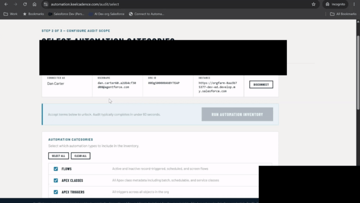 Animation showing the Automation Inventory diagnostic being configured, run, and completed.